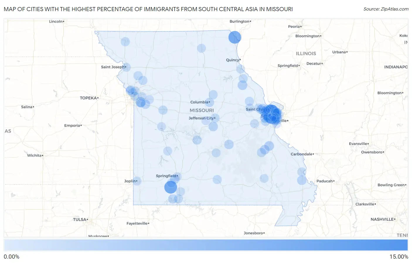 Cities with the Highest Percentage of Immigrants from South Central Asia in Missouri Map