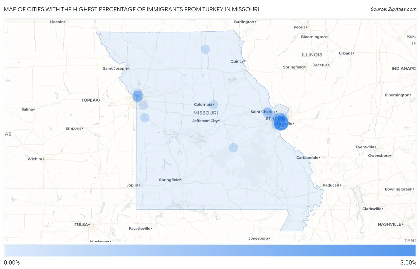 Cities with the Highest Percentage of Immigrants from Turkey in Missouri Map
