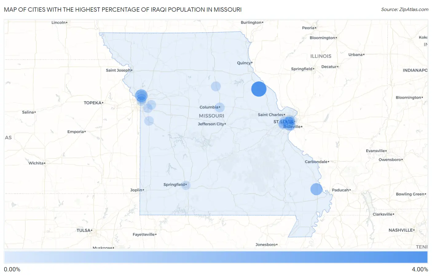 Cities with the Highest Percentage of Iraqi Population in Missouri Map