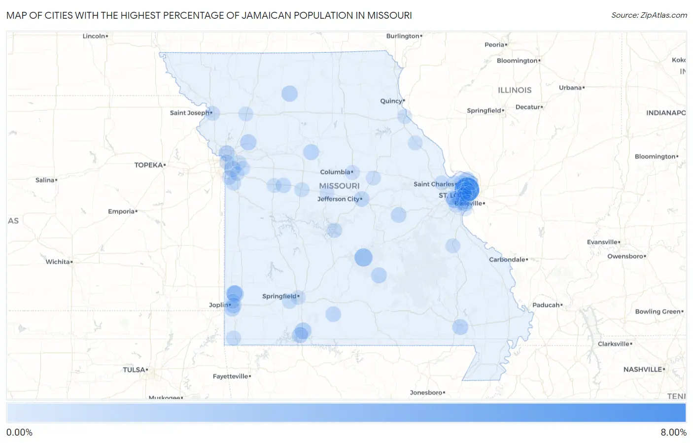 Cities with the Highest Percentage of Jamaican Population in Missouri Map