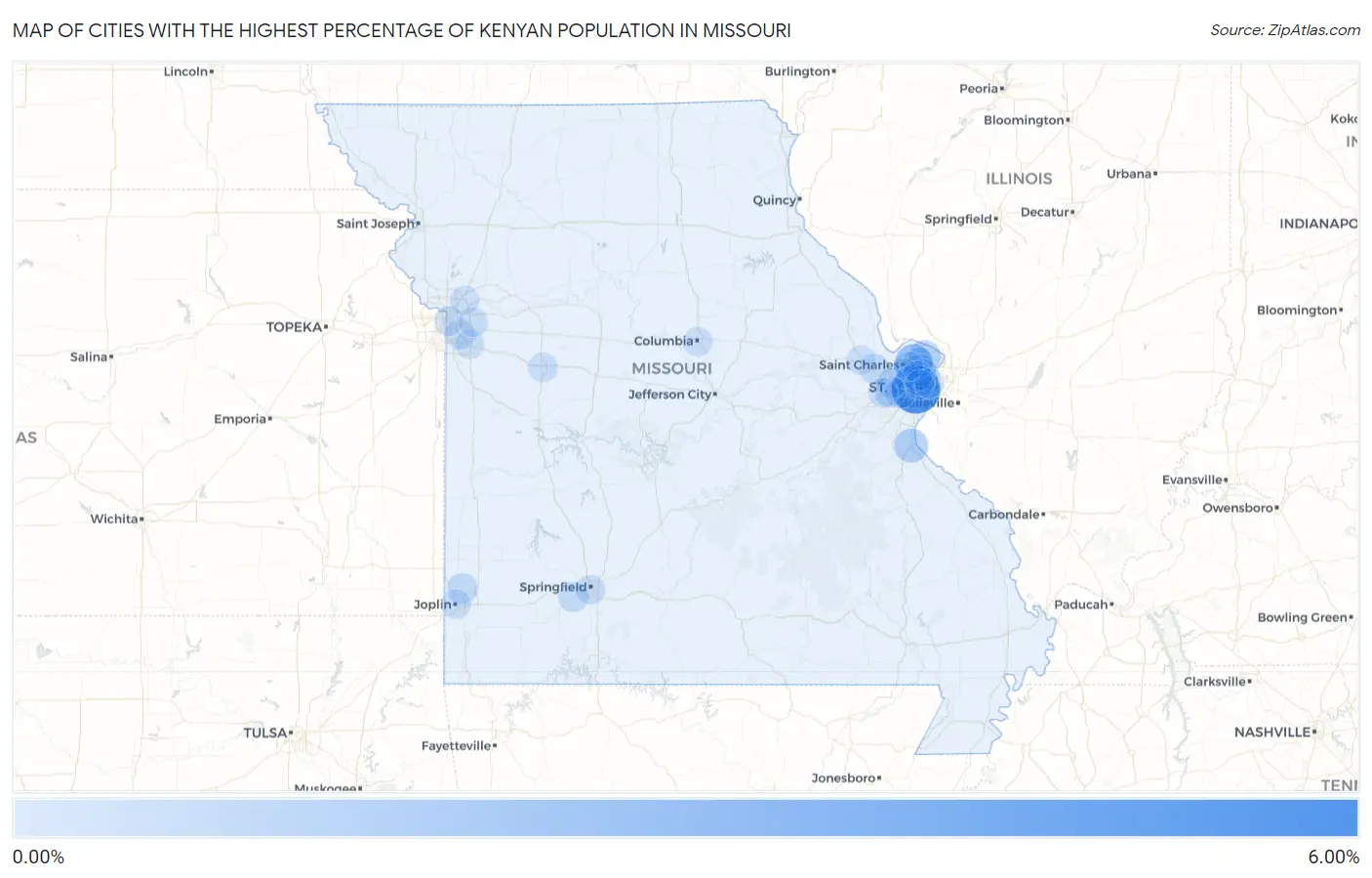 Cities with the Highest Percentage of Kenyan Population in Missouri Map