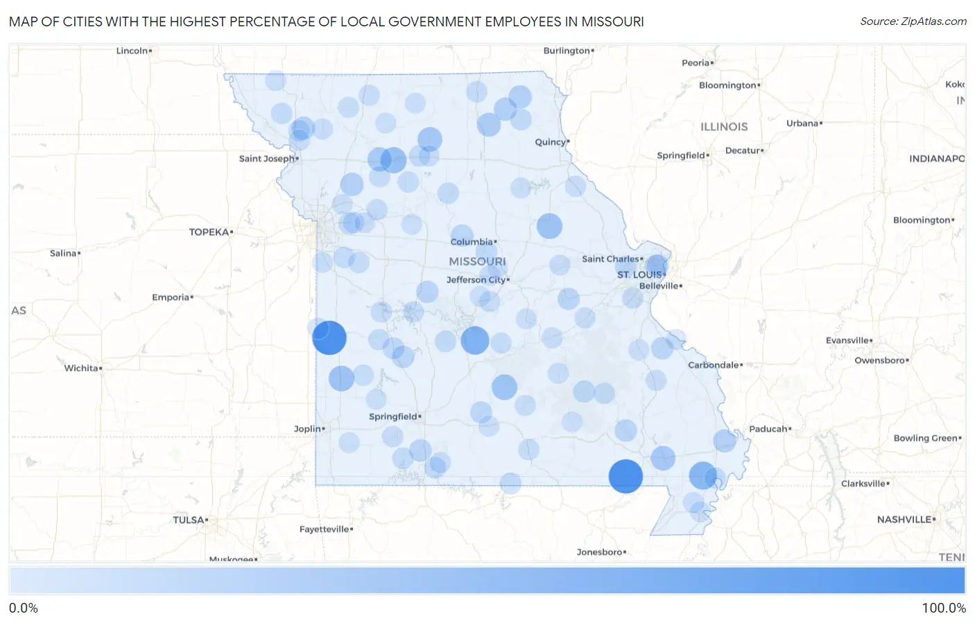 Cities with the Highest Percentage of Local Government Employees in Missouri Map