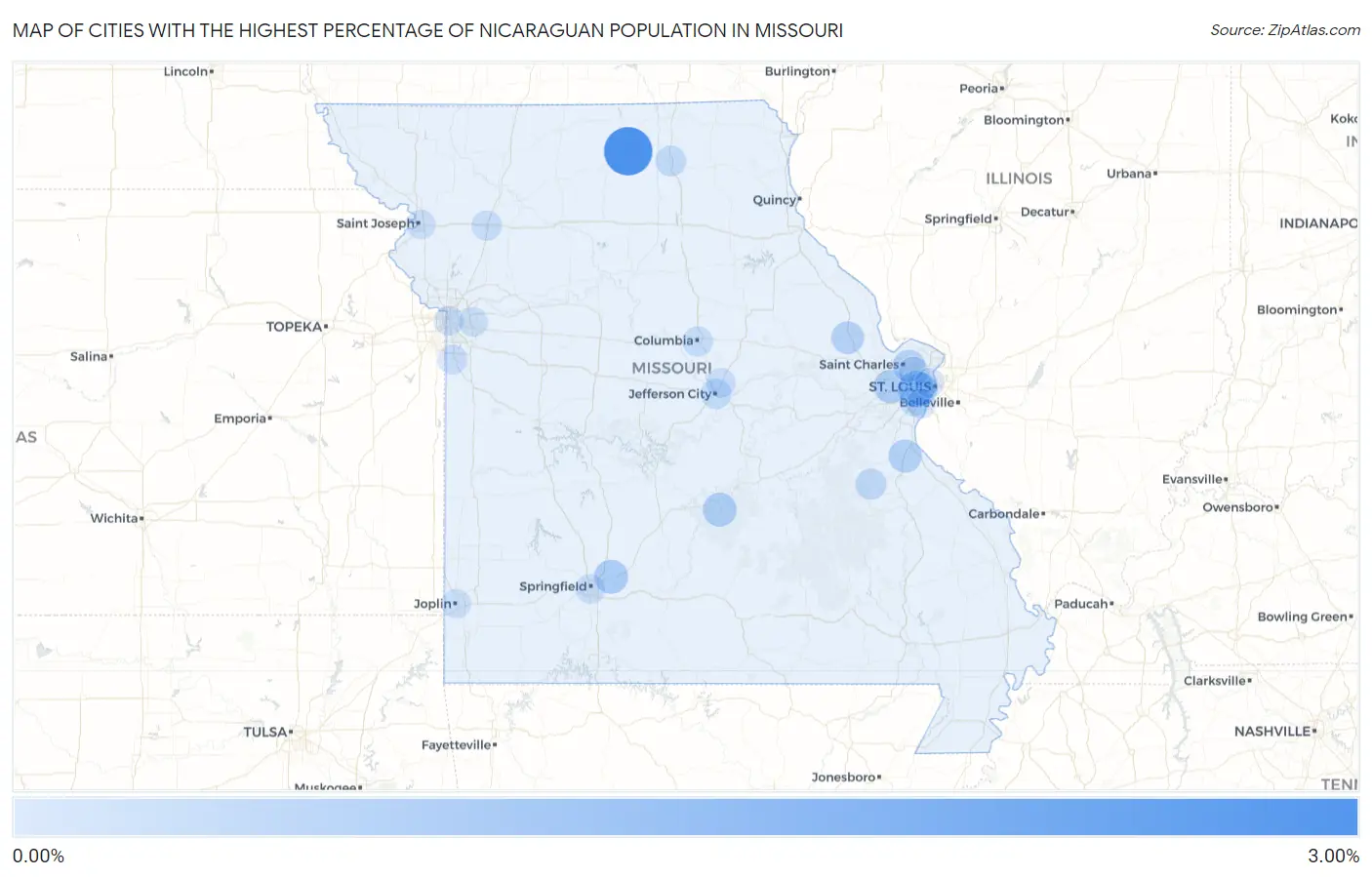 Cities with the Highest Percentage of Nicaraguan Population in Missouri Map