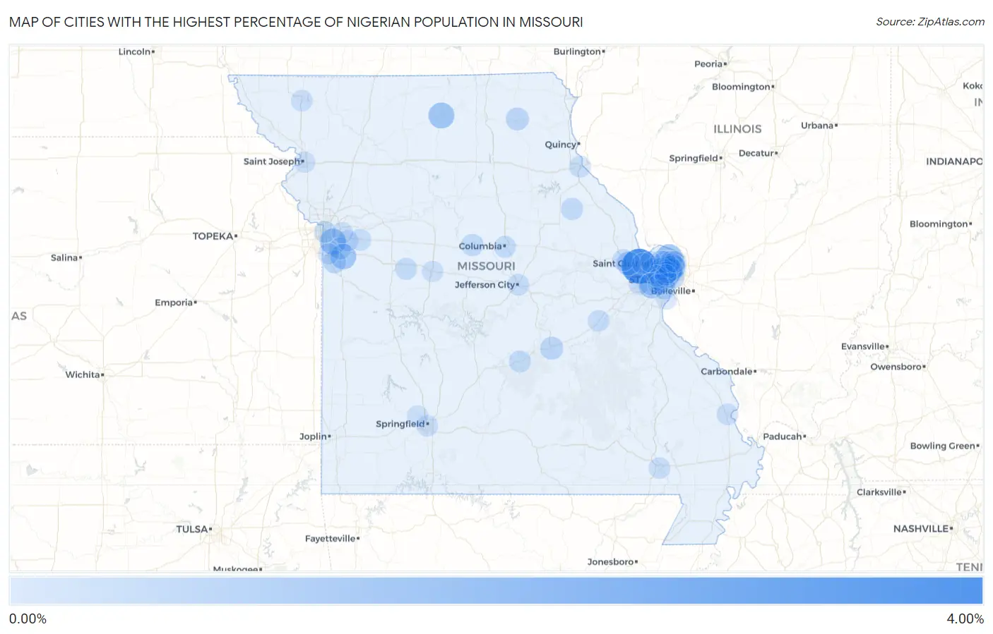Cities with the Highest Percentage of Nigerian Population in Missouri Map