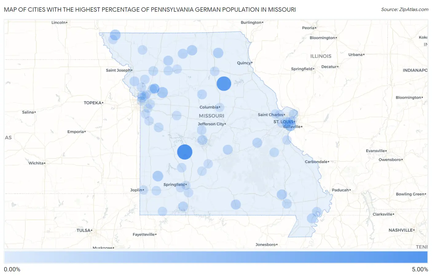 Cities with the Highest Percentage of Pennsylvania German Population in Missouri Map