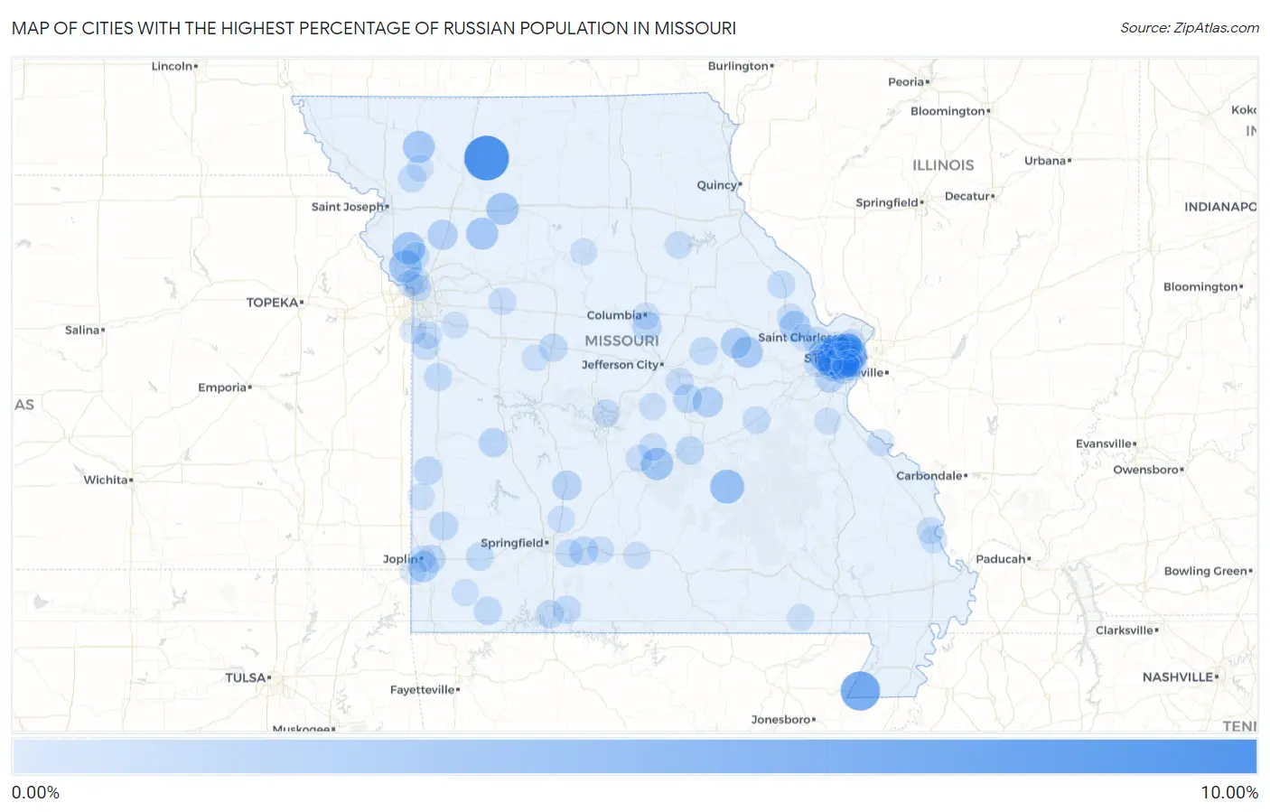 Cities with the Highest Percentage of Russian Population in Missouri Map