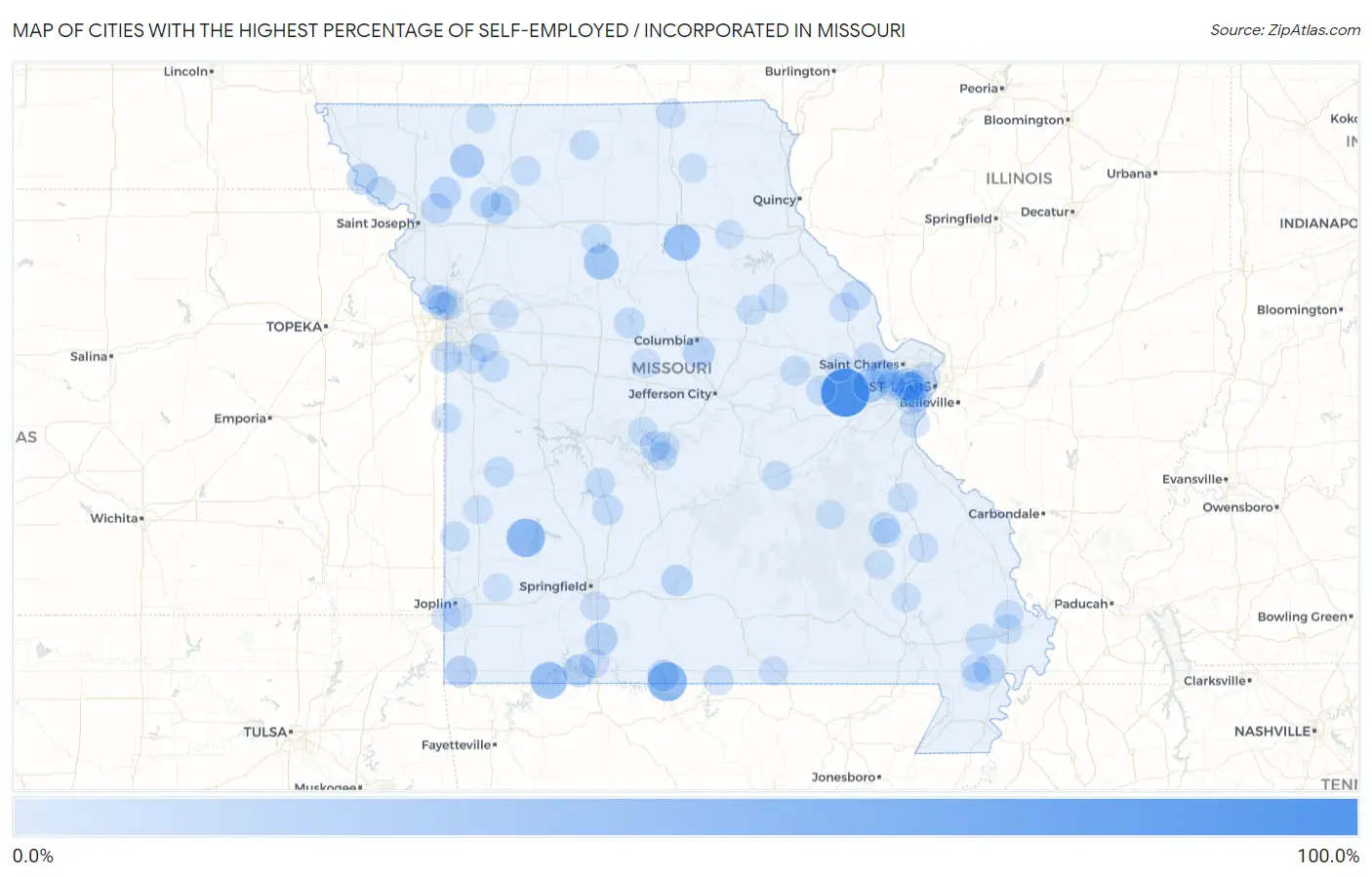 Cities with the Highest Percentage of Self-Employed / Incorporated in Missouri Map