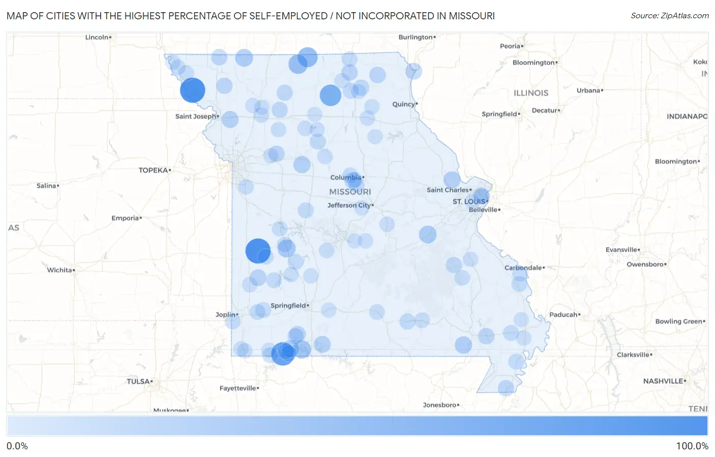Cities with the Highest Percentage of Self-Employed / Not Incorporated in Missouri Map