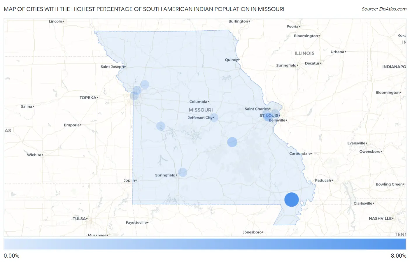 Cities with the Highest Percentage of South American Indian Population in Missouri Map