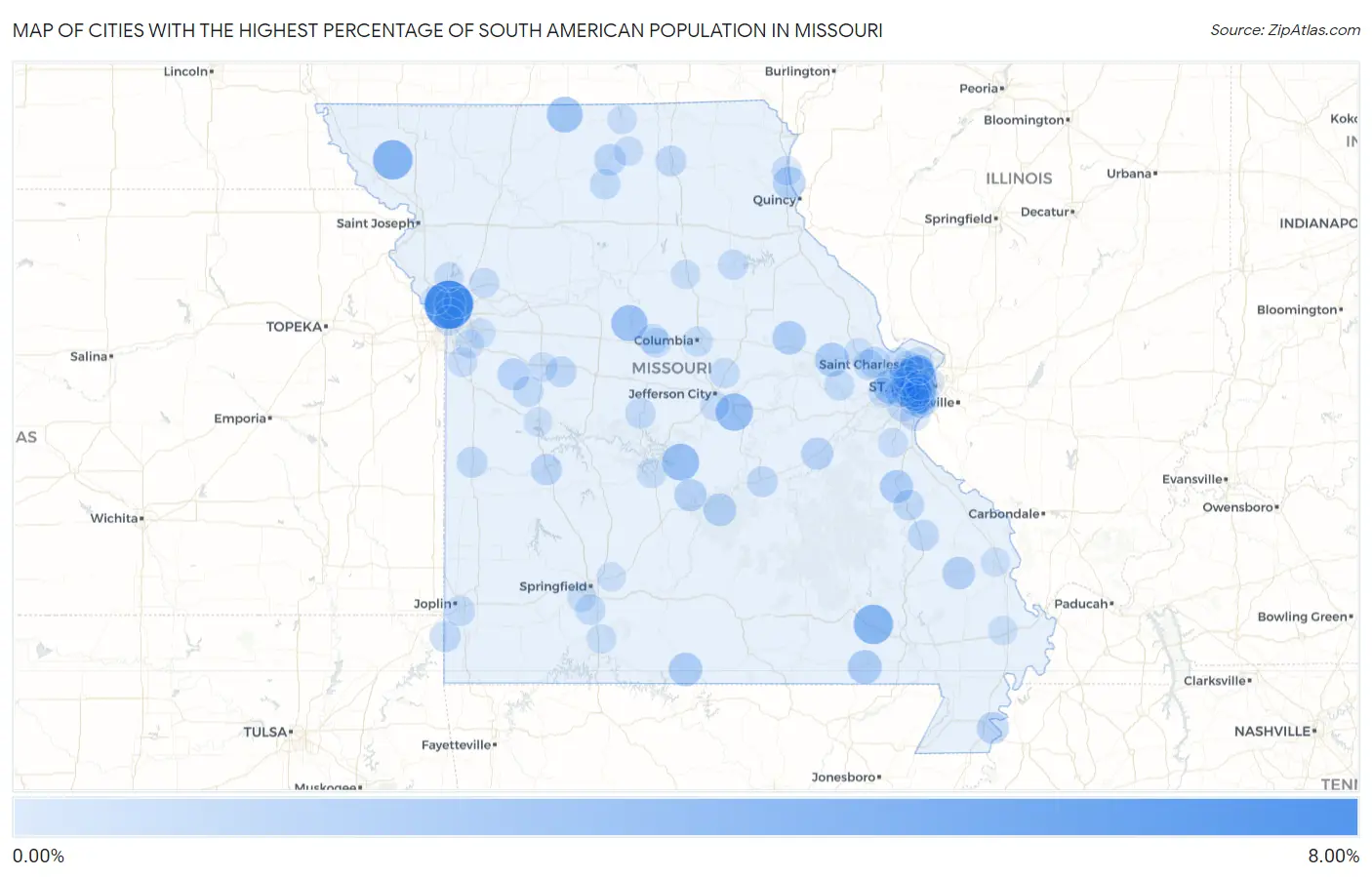 Cities with the Highest Percentage of South American Population in Missouri Map
