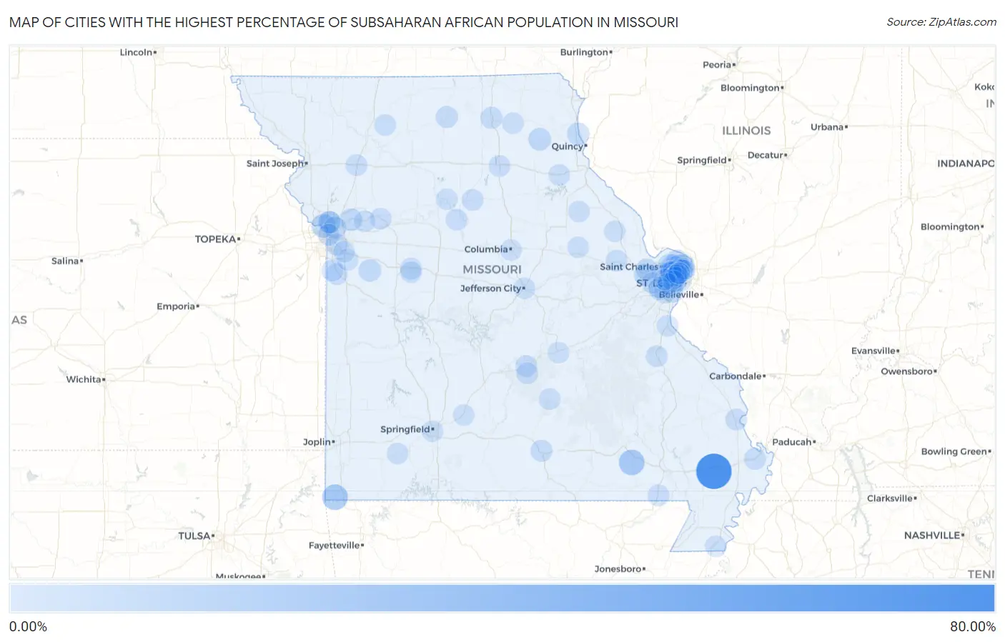 Cities with the Highest Percentage of Subsaharan African Population in Missouri Map