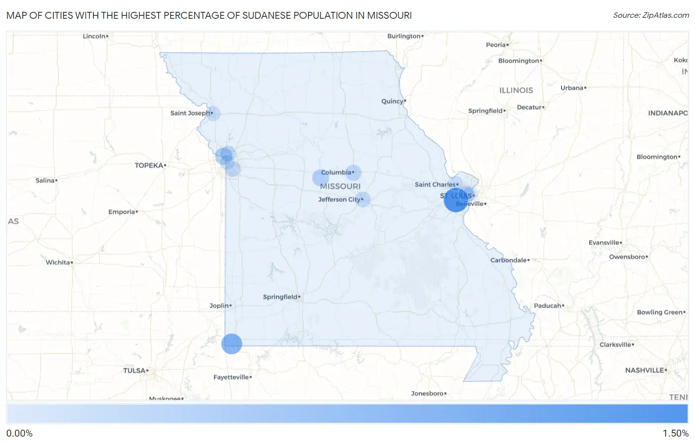 Cities with the Highest Percentage of Sudanese Population in Missouri Map