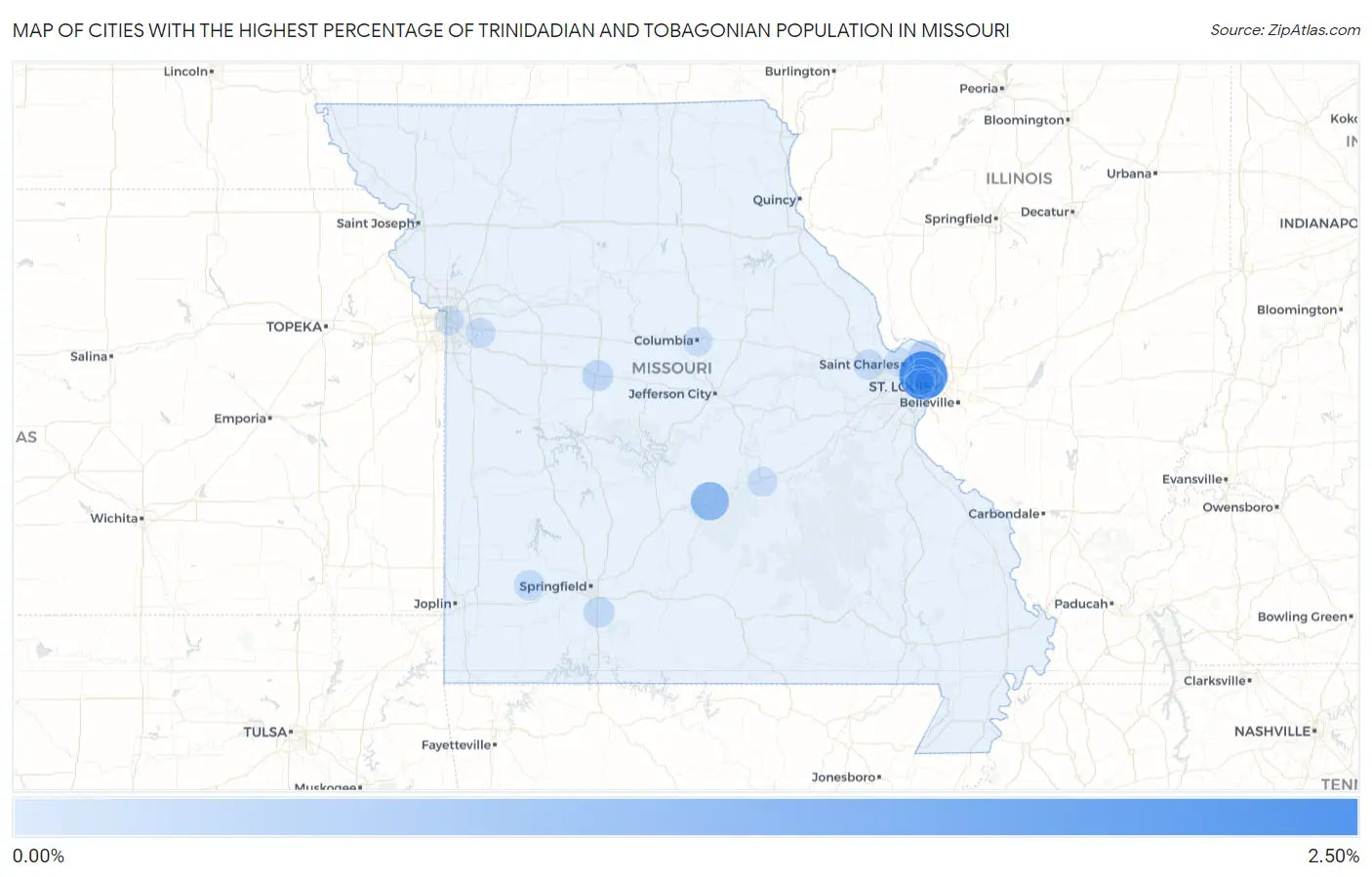 Cities with the Highest Percentage of Trinidadian and Tobagonian Population in Missouri Map
