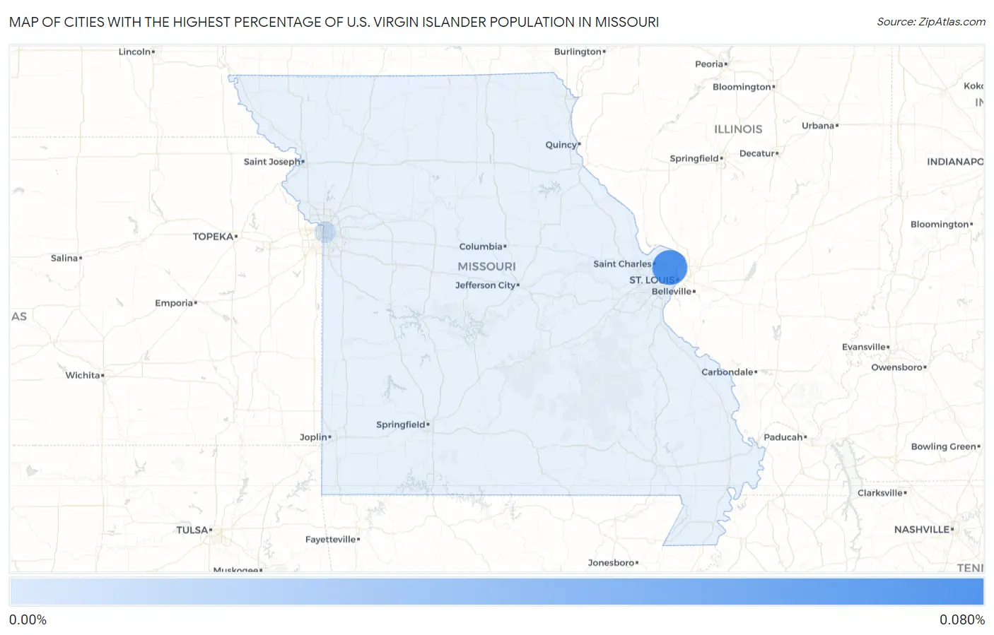 Cities with the Highest Percentage of U.S. Virgin Islander Population in Missouri Map