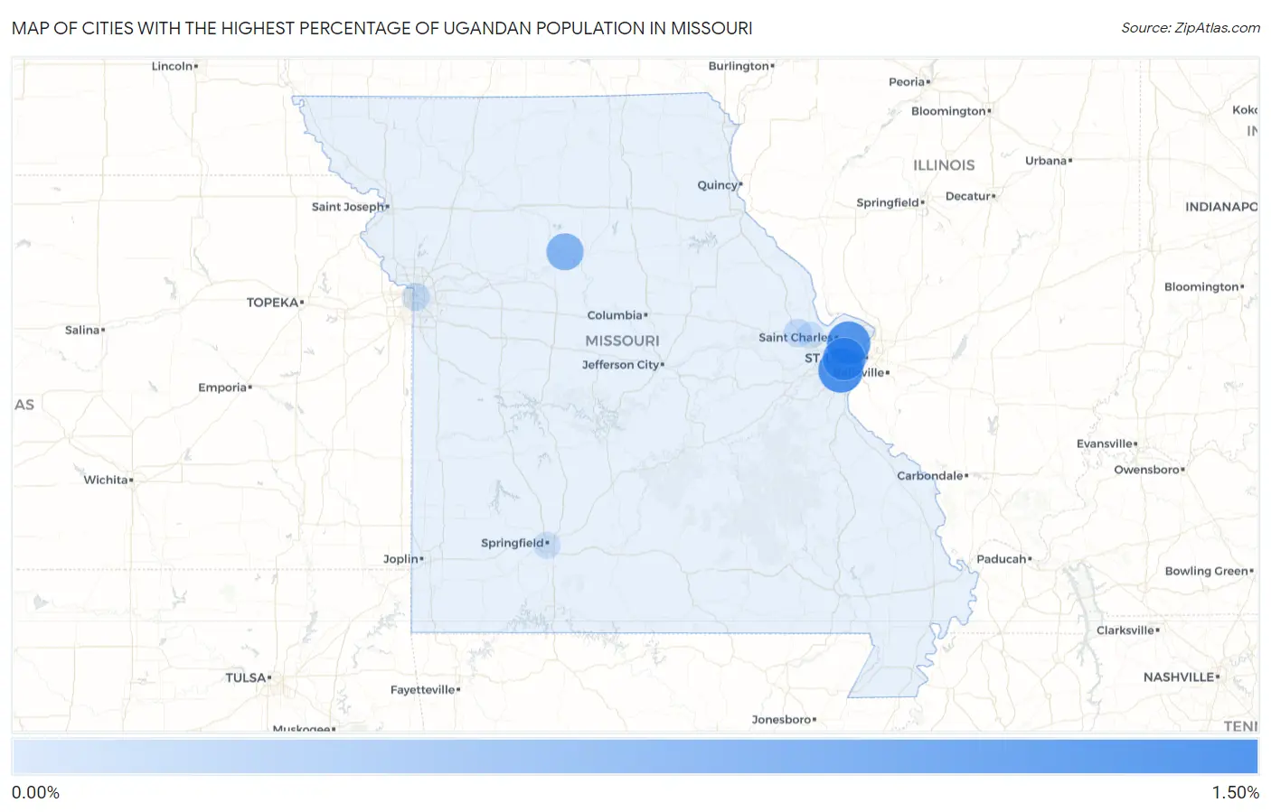 Cities with the Highest Percentage of Ugandan Population in Missouri Map