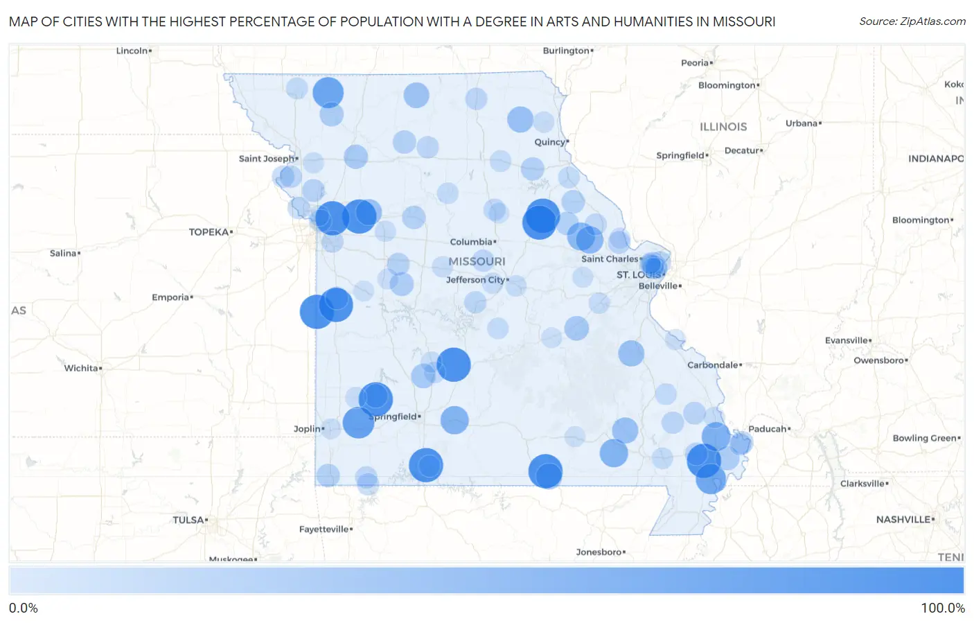 Cities with the Highest Percentage of Population with a Degree in Arts and Humanities in Missouri Map