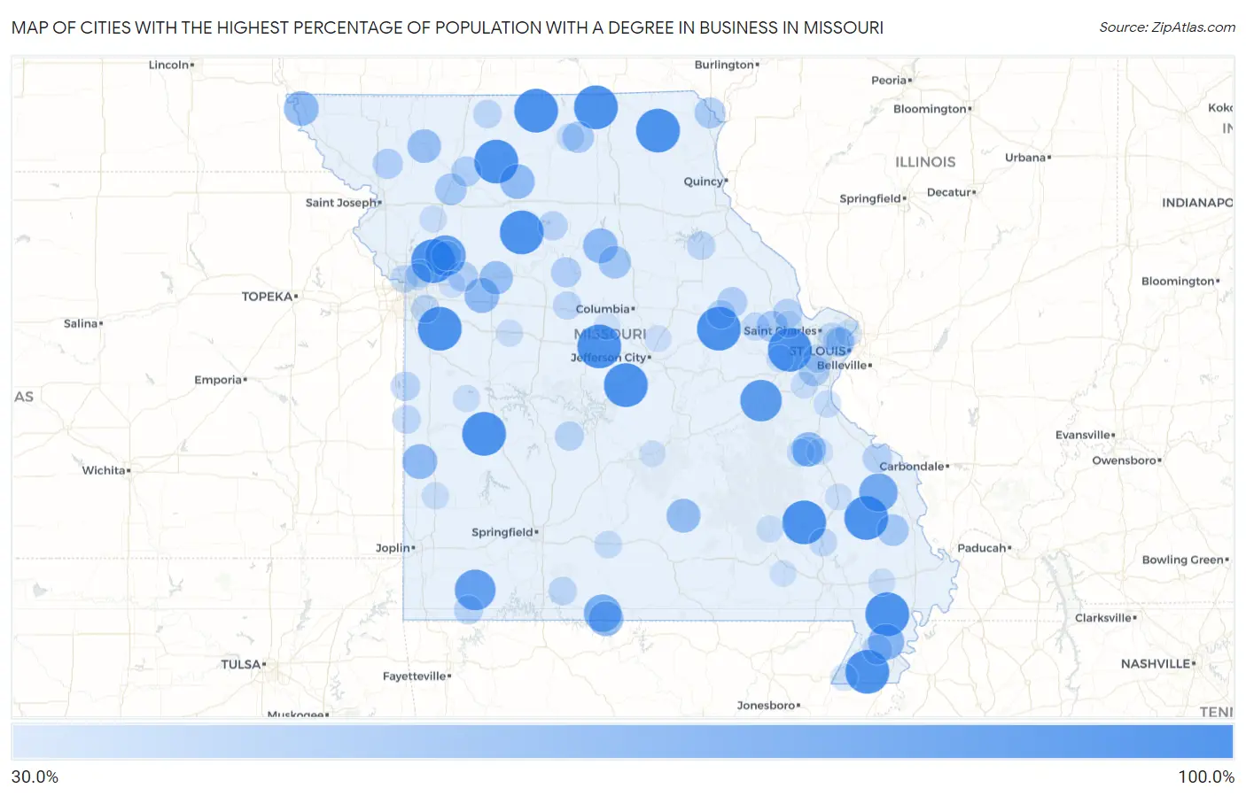 Cities with the Highest Percentage of Population with a Degree in Business in Missouri Map