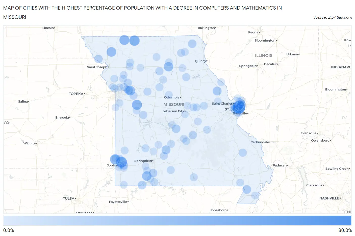 Cities with the Highest Percentage of Population with a Degree in Computers and Mathematics in Missouri Map