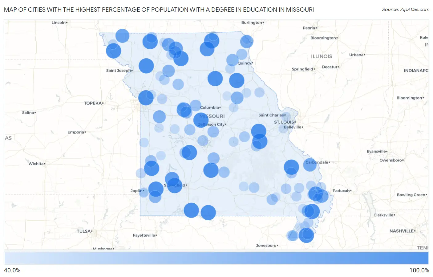 Cities with the Highest Percentage of Population with a Degree in Education in Missouri Map