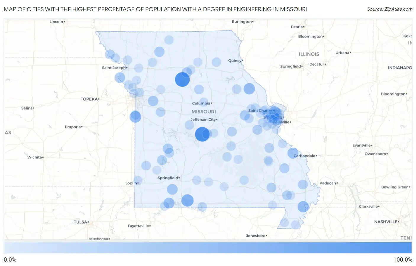 Cities with the Highest Percentage of Population with a Degree in Engineering in Missouri Map