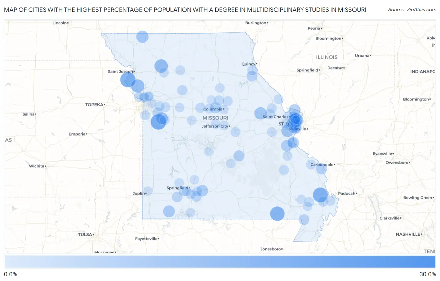 Cities with the Highest Percentage of Population with a Degree in Multidisciplinary Studies in Missouri Map