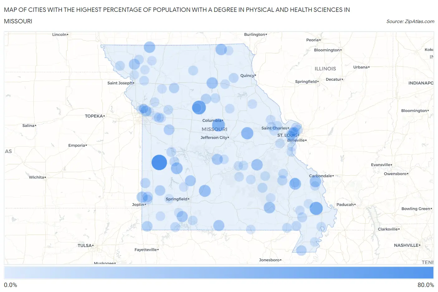 Cities with the Highest Percentage of Population with a Degree in Physical and Health Sciences in Missouri Map