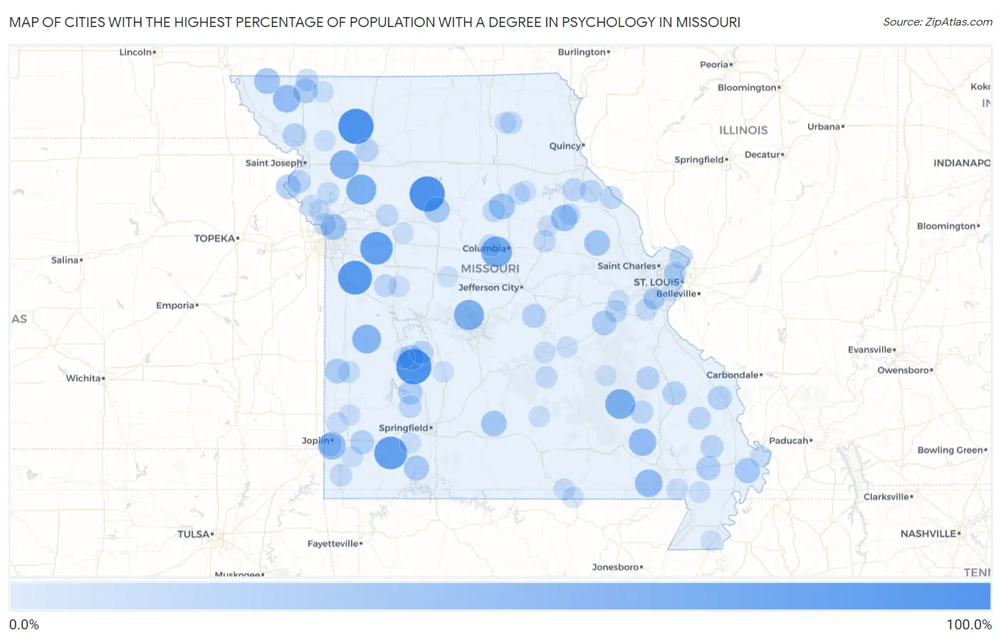 Cities with the Highest Percentage of Population with a Degree in Psychology in Missouri Map