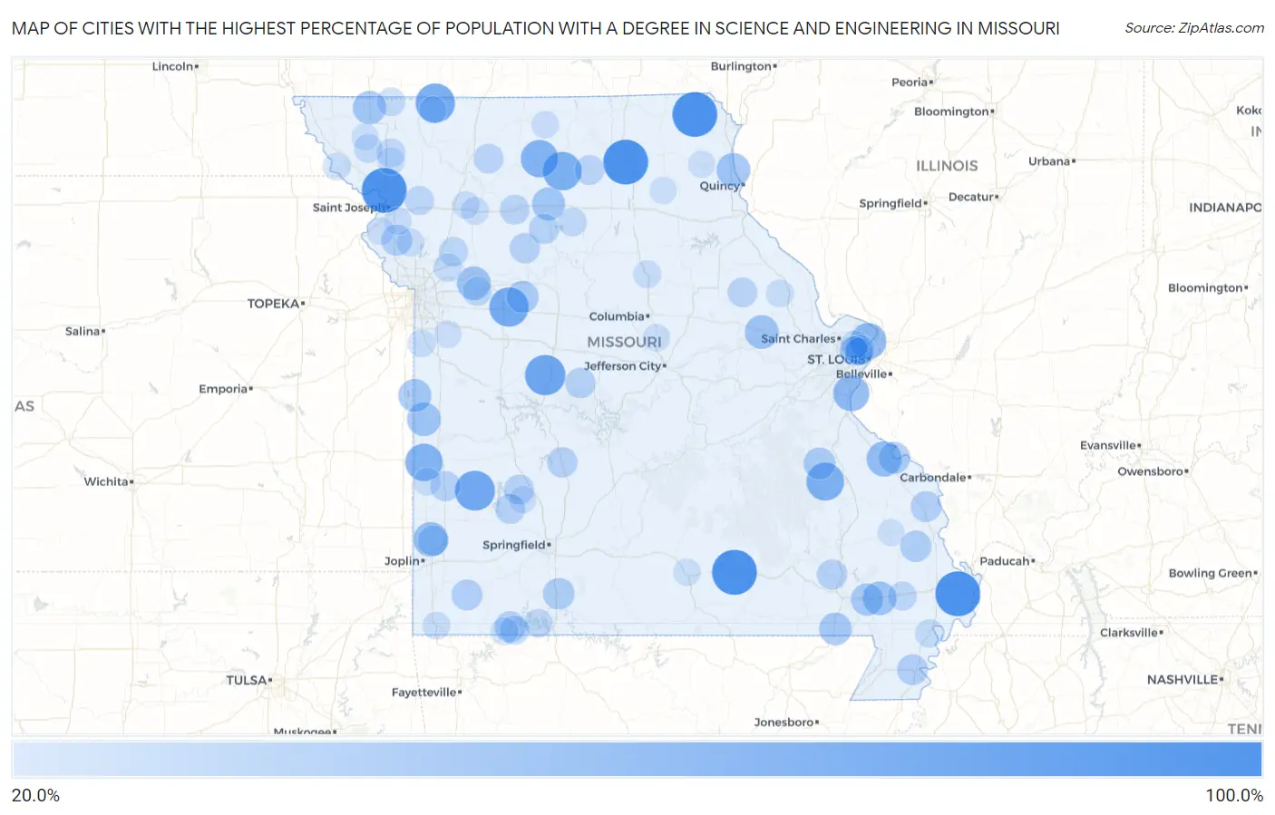 Cities with the Highest Percentage of Population with a Degree in Science and Engineering in Missouri Map