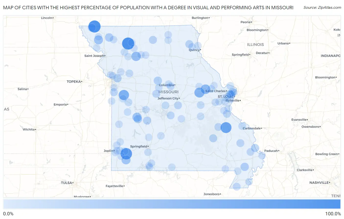 Cities with the Highest Percentage of Population with a Degree in Visual and Performing Arts in Missouri Map