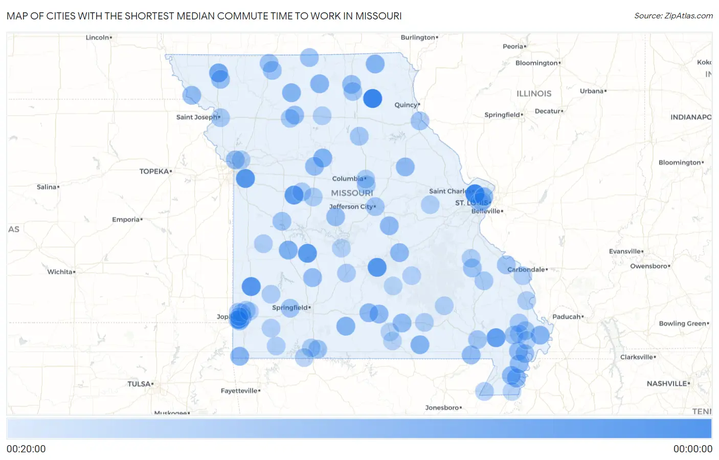 Cities with the Shortest Median Commute Time to Work in Missouri Map