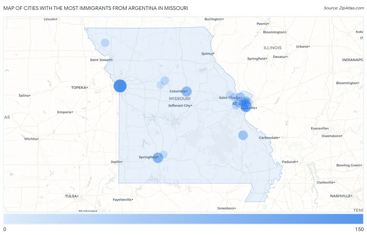 Cities with the Most Immigrants from Argentina in Missouri Map