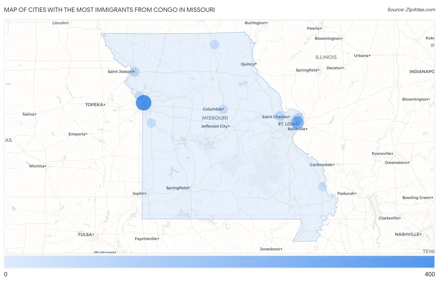 Cities with the Most Immigrants from Congo in Missouri Map