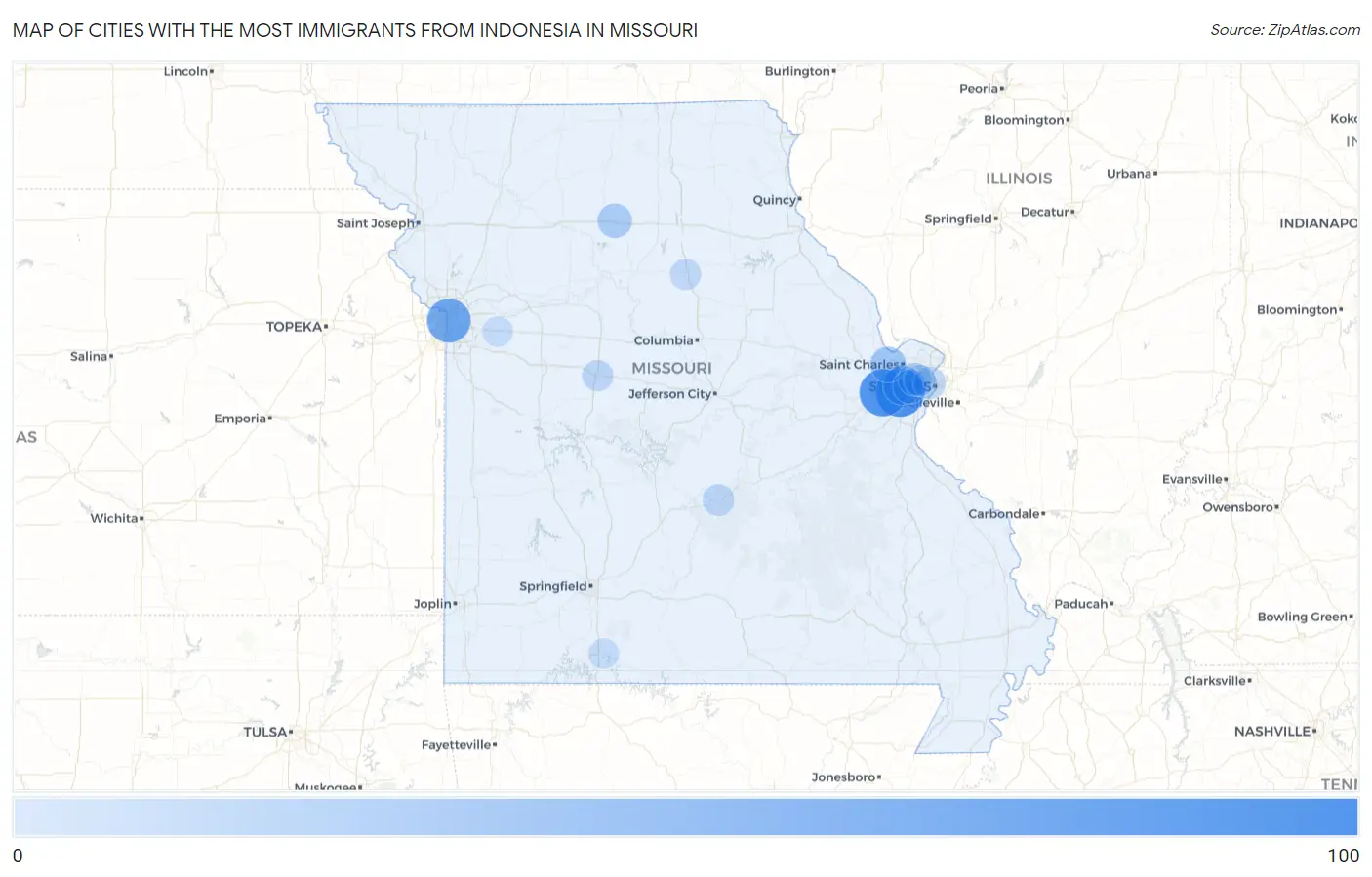 Cities with the Most Immigrants from Indonesia in Missouri Map