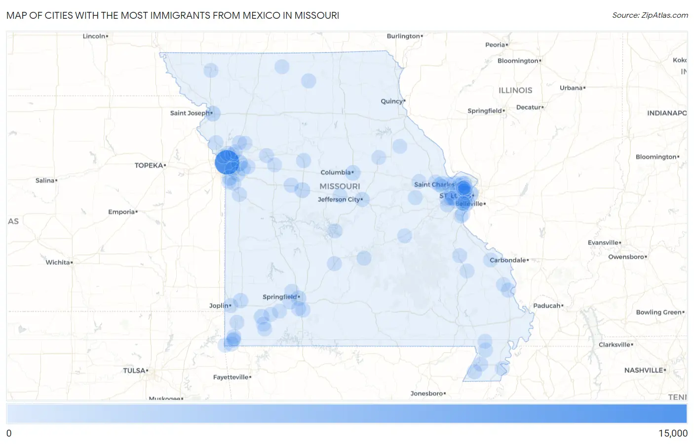 Cities with the Most Immigrants from Mexico in Missouri Map
