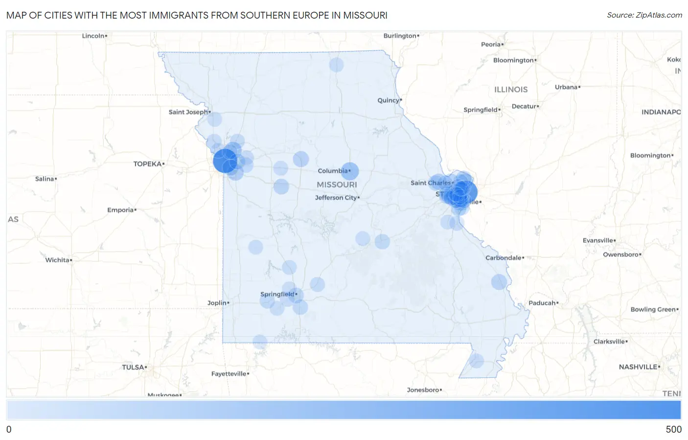 Cities with the Most Immigrants from Southern Europe in Missouri Map