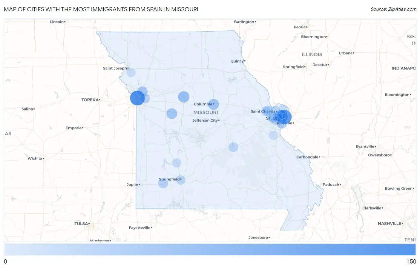 Cities with the Most Immigrants from Spain in Missouri Map