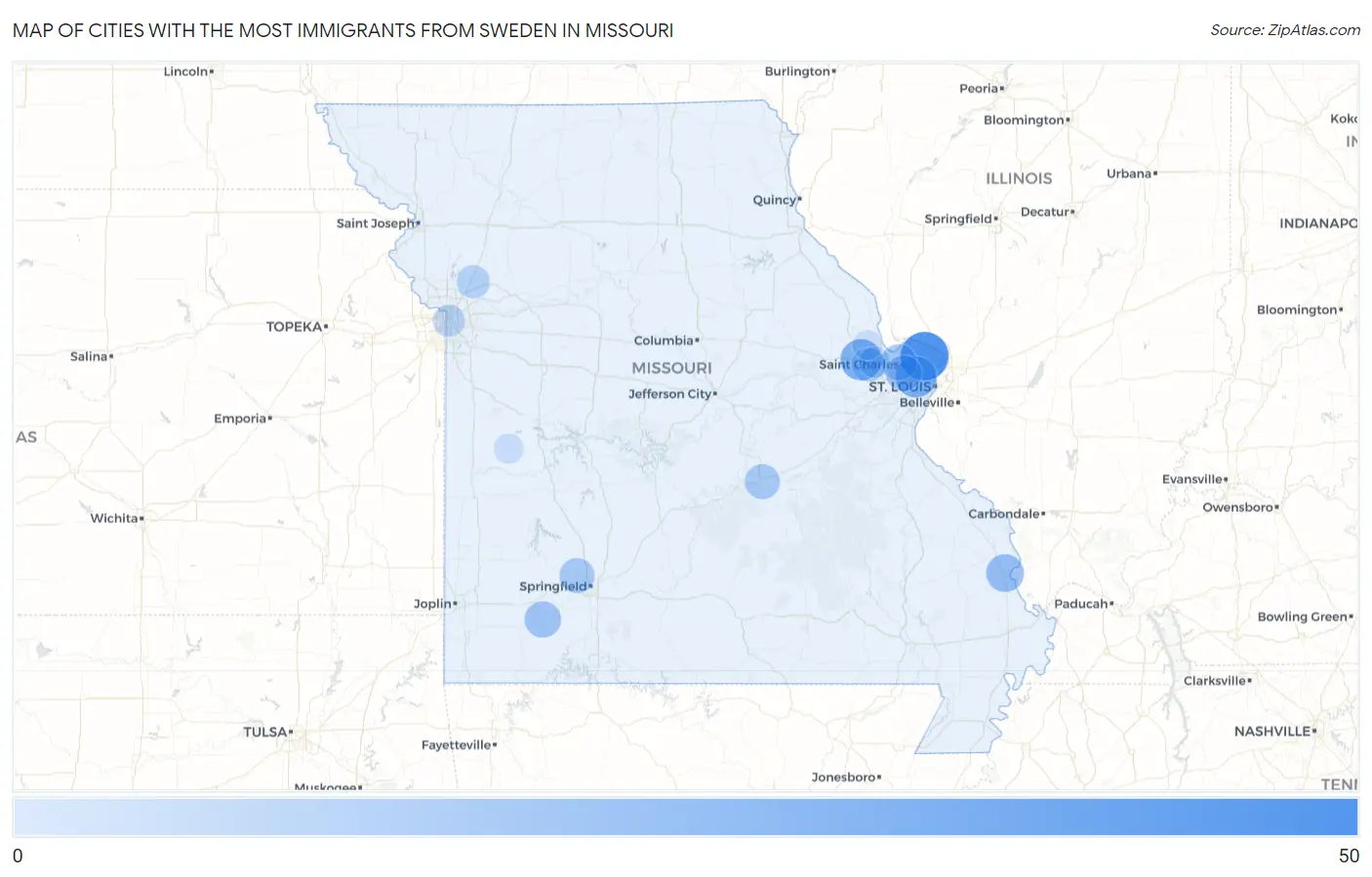 Cities with the Most Immigrants from Sweden in Missouri Map