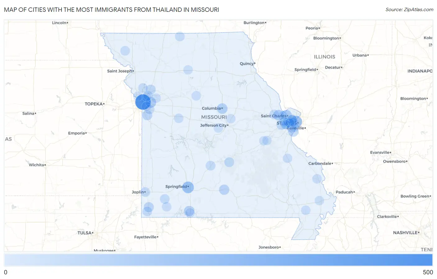 Cities with the Most Immigrants from Thailand in Missouri Map