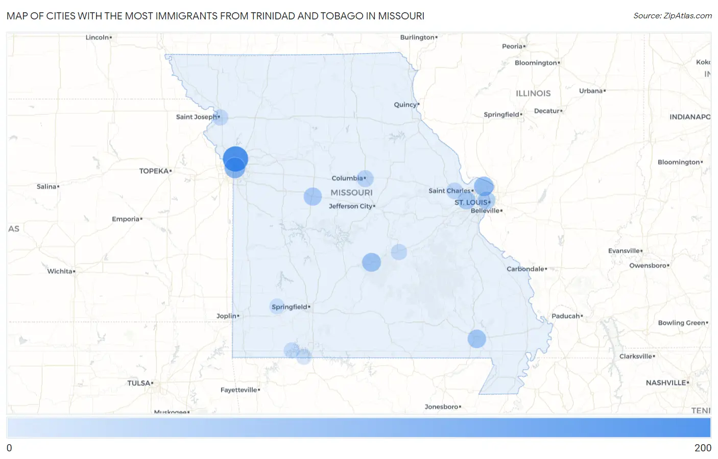 Cities with the Most Immigrants from Trinidad and Tobago in Missouri Map