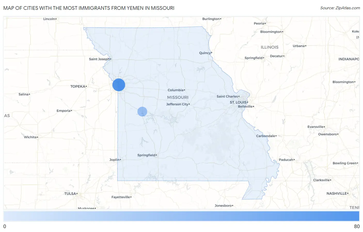 Cities with the Most Immigrants from Yemen in Missouri Map