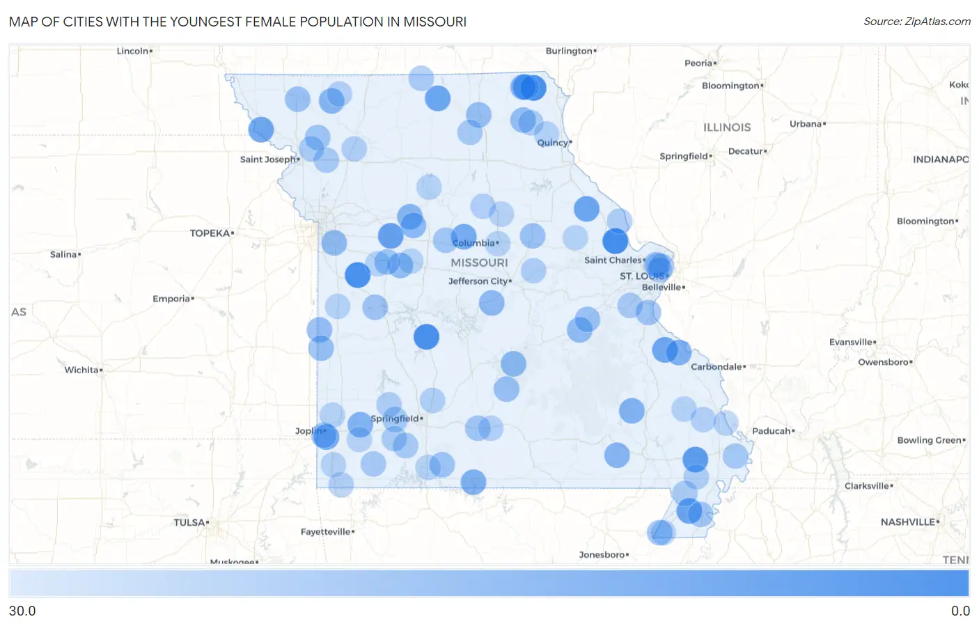 Cities with the Youngest Female Population in Missouri Map