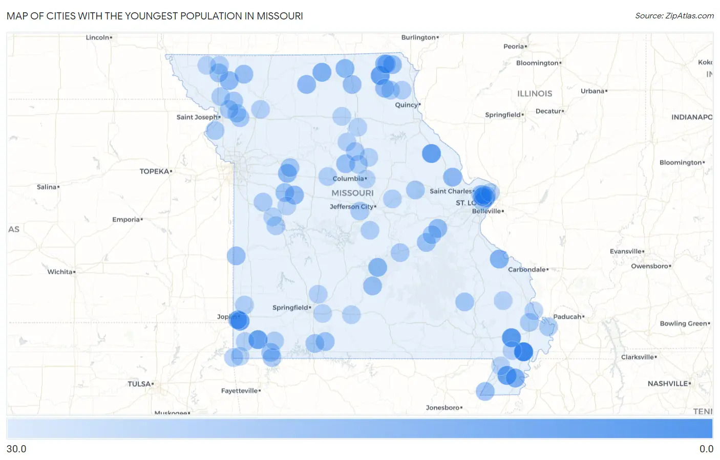 Cities with the Youngest Population in Missouri Map