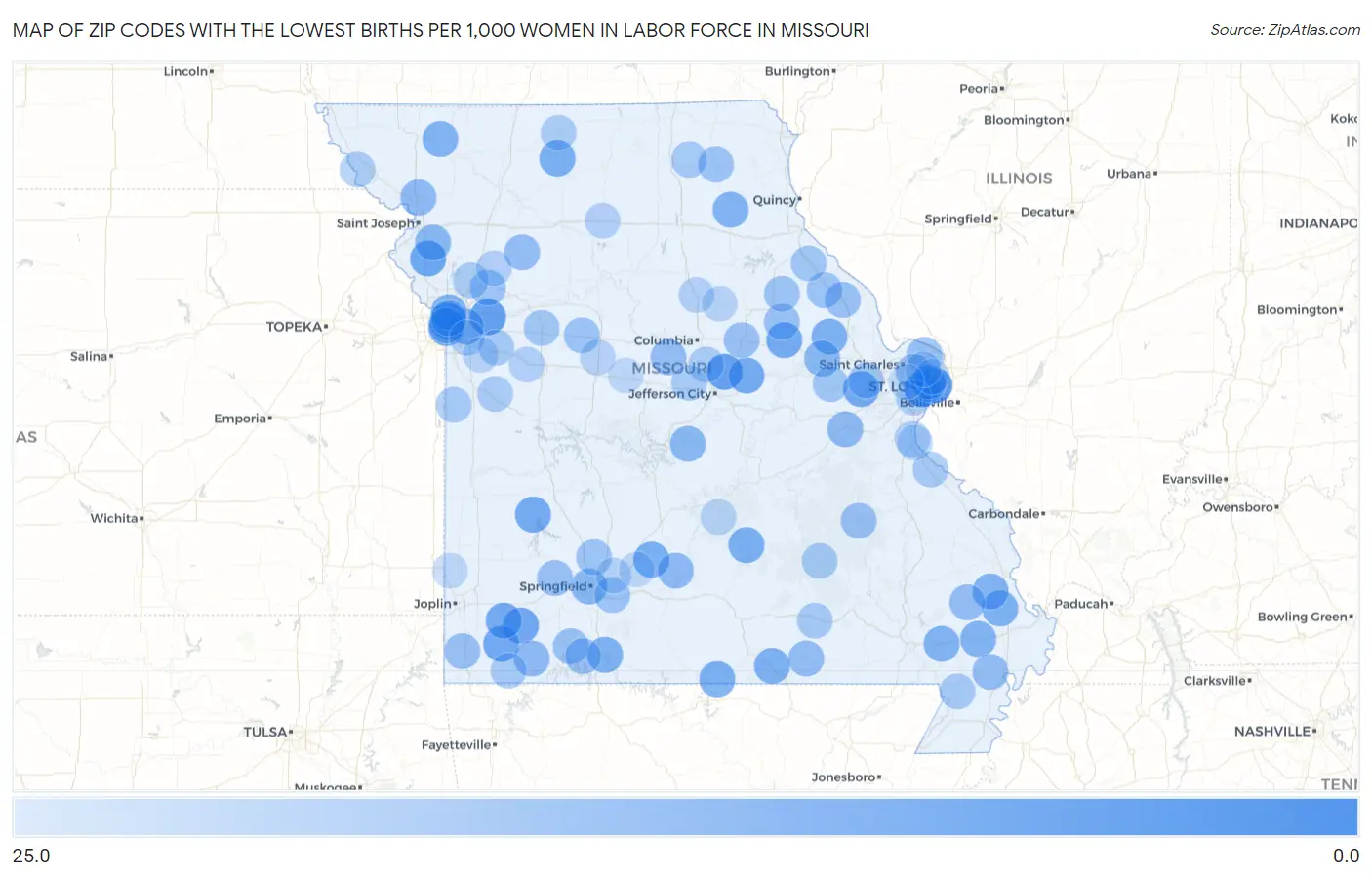 Zip Codes with the Lowest Births per 1,000 Women in Labor Force in Missouri Map