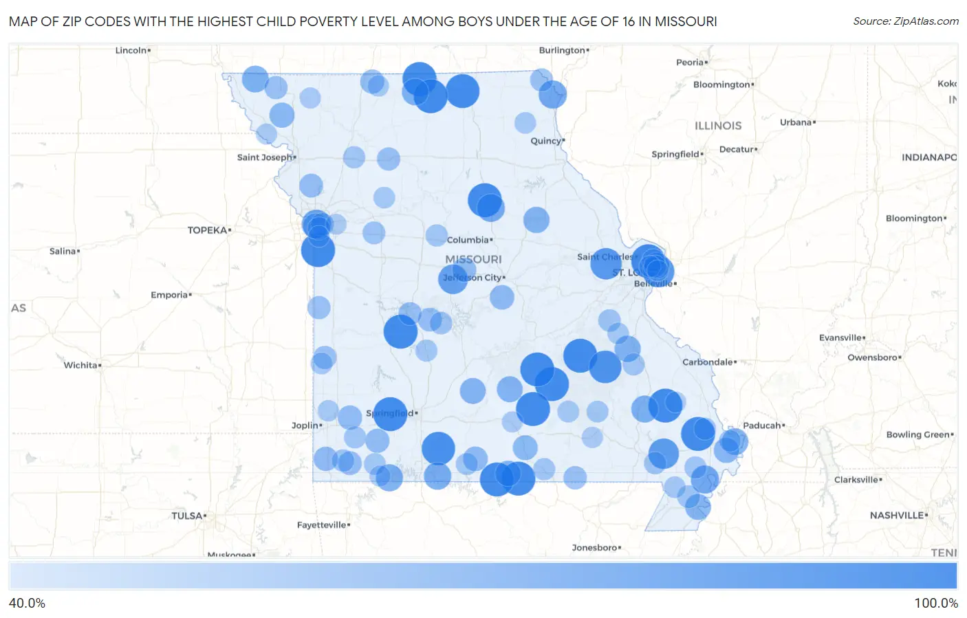 Zip Codes with the Highest Child Poverty Level Among Boys Under the Age of 16 in Missouri Map