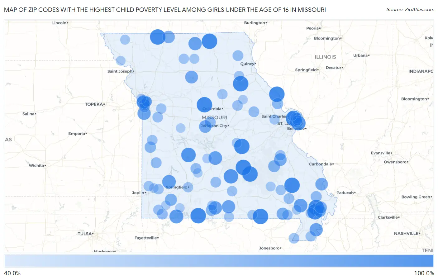 Zip Codes with the Highest Child Poverty Level Among Girls Under the Age of 16 in Missouri Map