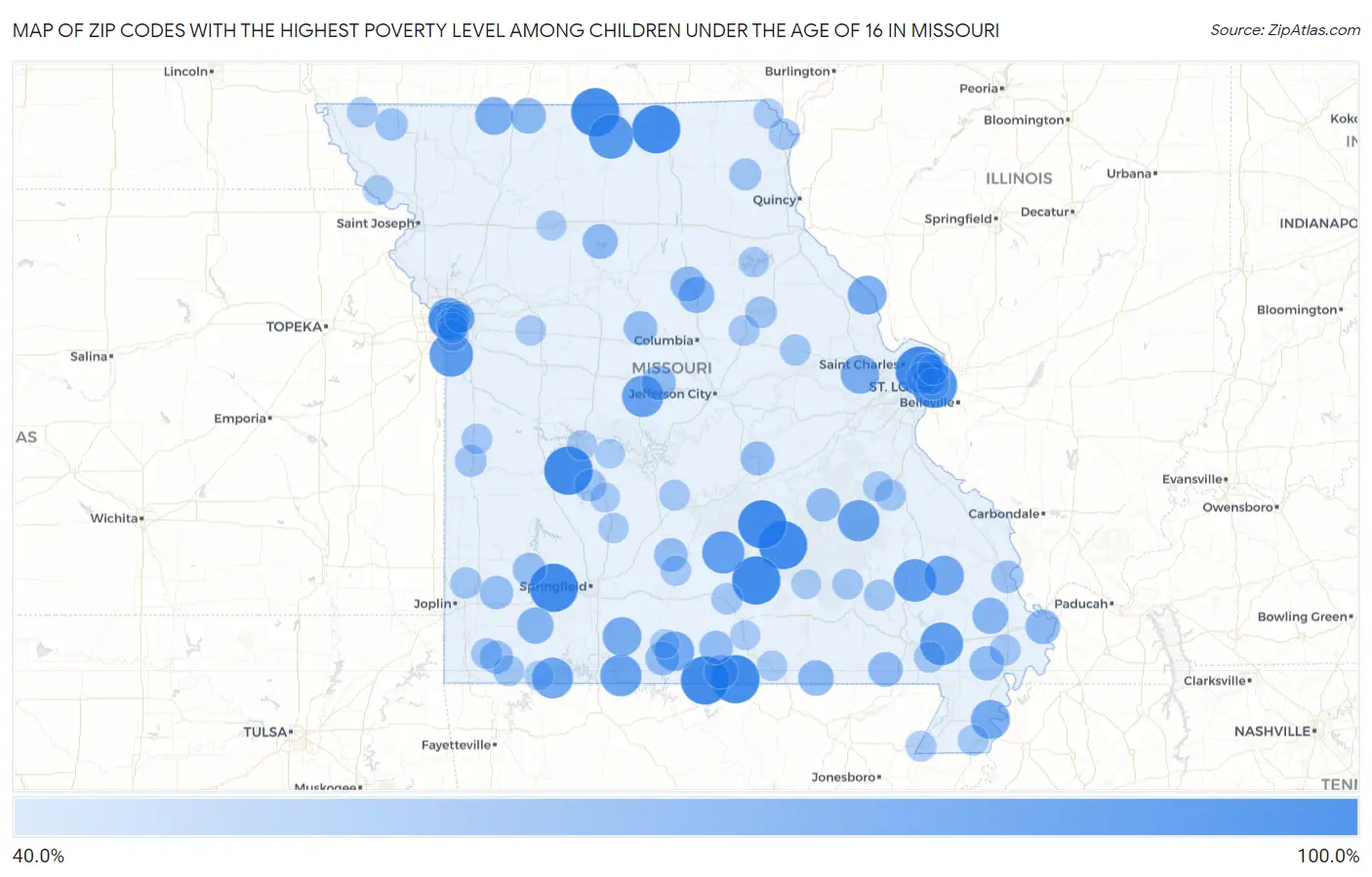 Zip Codes with the Highest Poverty Level Among Children Under the Age of 16 in Missouri Map