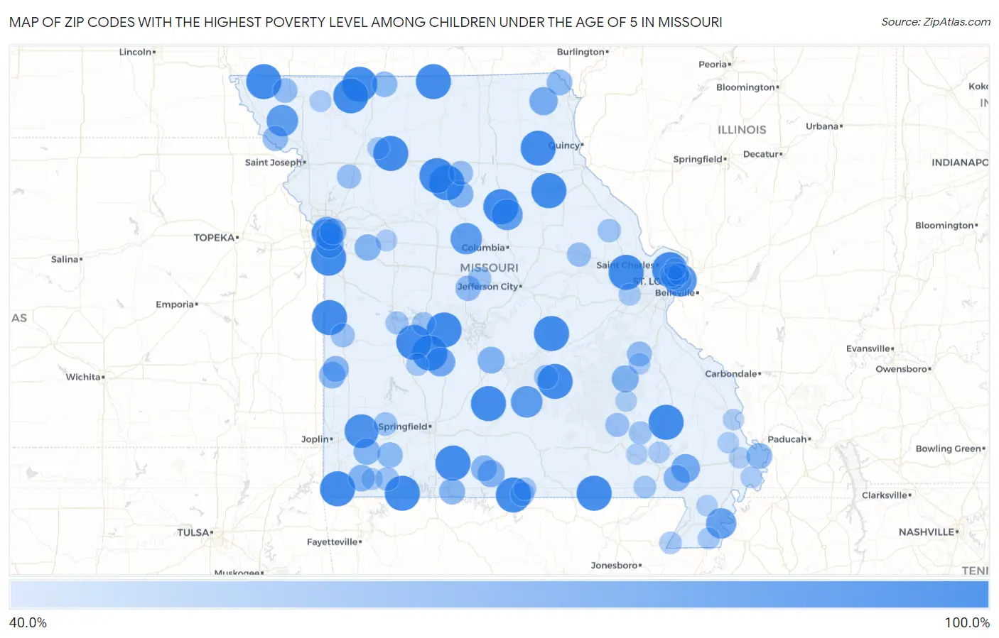 Zip Codes with the Highest Poverty Level Among Children Under the Age of 5 in Missouri Map