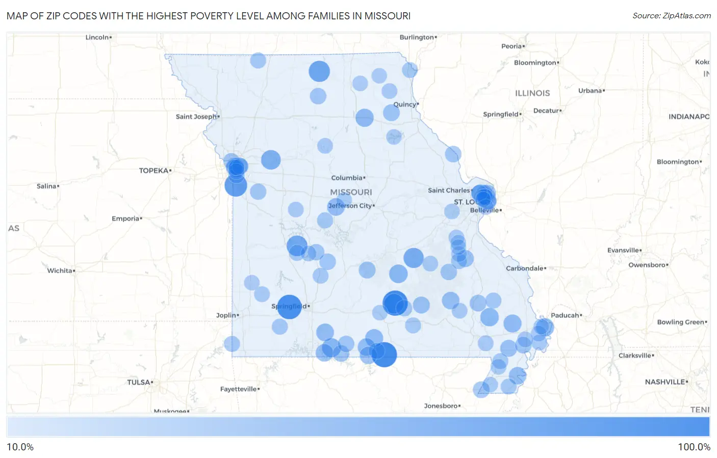 Zip Codes with the Highest Poverty Level Among Families in Missouri Map