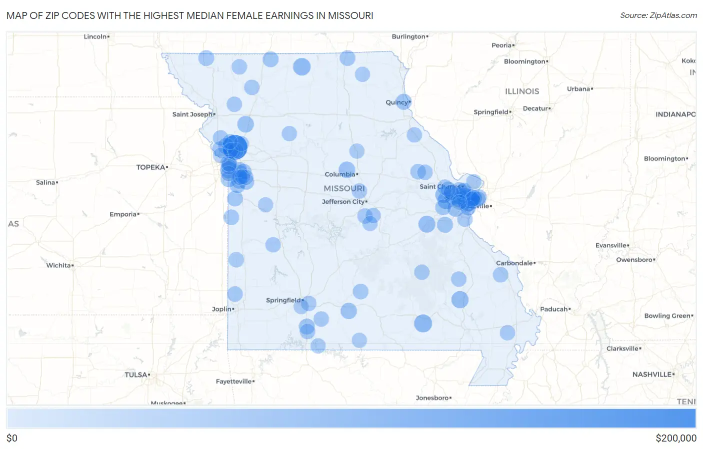 Zip Codes with the Highest Median Female Earnings in Missouri Map