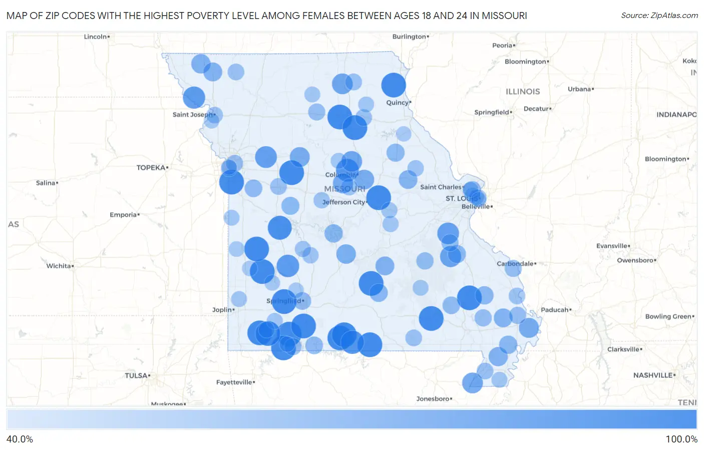 Zip Codes with the Highest Poverty Level Among Females Between Ages 18 and 24 in Missouri Map